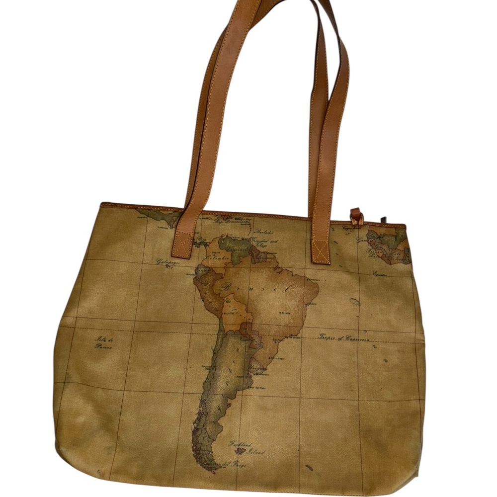 Alveiro Martini I'Ilasse tan leather large tote Africa Australia Maps print bag